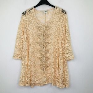 Daytrip Women's Small Blouse Pink Sheer Lace Studded 3/4 Sleeve Scoop Neck CB25